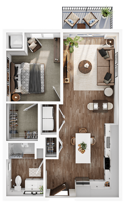 Floor plan for 1 bed, 1 bath, 715 sqft
